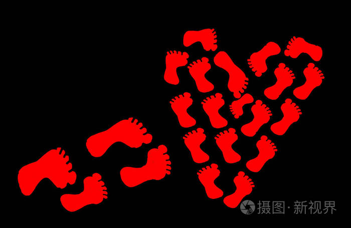 红色的脚印在黑色的背景上红色的心从人类的脚印在黑色的背景上通往