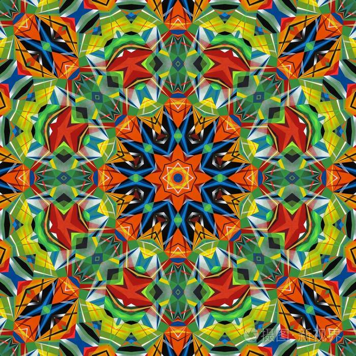 彩色六方几何无缝图案对称万花筒时装设计