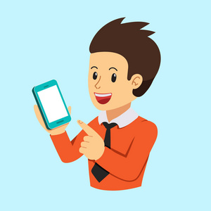 矢量商人持有智能手机,并指向空白屏幕的卡通风格的设计.照片