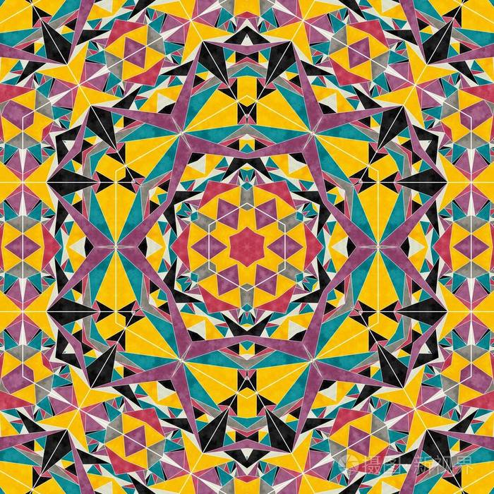 彩色六方几何无缝图案对称万花筒时装设计