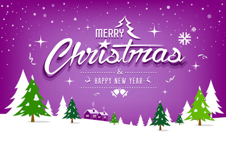 紫色背景矢量插图的圣诞树和雪的快乐设计