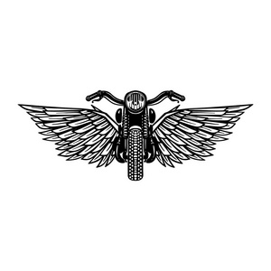 手绘摩托车插图与翅膀。 标志标签徽章海报T恤设计元素。 矢量图像