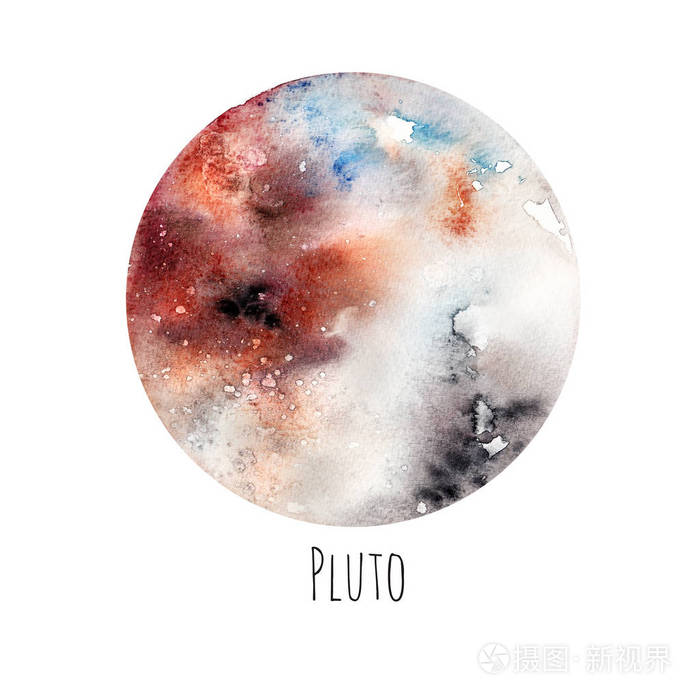 冥王星白色孤立背景水彩插图
