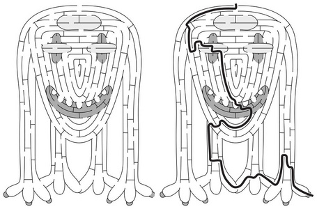 小怪物迷宫为儿童与解决方案黑白照片