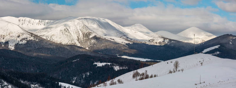 早晨，冬天的雪覆盖着风景如画的阿尔卑斯山脉乌克兰喀尔巴阡山脉，科尔诺霍拉山脉，宁静，宁静，从德森布罗尼亚村郊区山。