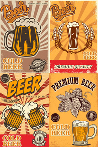 一套啤酒酒吧海报。 海报卡徽标横幅设计元素。 矢量图像