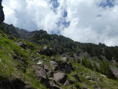 意大利南部提罗尔高山的顶峰岩石全景景观，欧洲有云蓝天森林绿草草甸