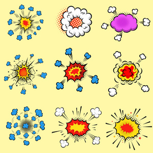 一套五颜六色的喜剧风格爆炸。 海报卡传单横幅设计元素。 矢量图像