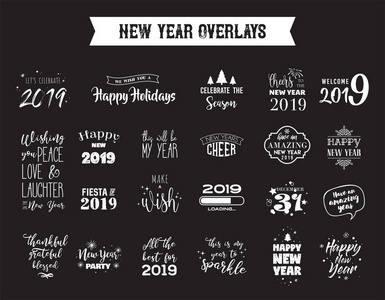 2019年新年快乐排版标志集。矢量徽标, 文字设计。黑色白色和金色。可用于横幅贺卡礼品等