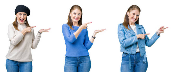 独立背景上美丽的中年女性拼贴画，一边用手和手指向镜头展示，一边惊讶地微笑着。