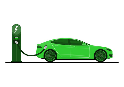 充电站上的绿色电动汽车。 正在使用的电动汽车。 侧视。 平矢量。