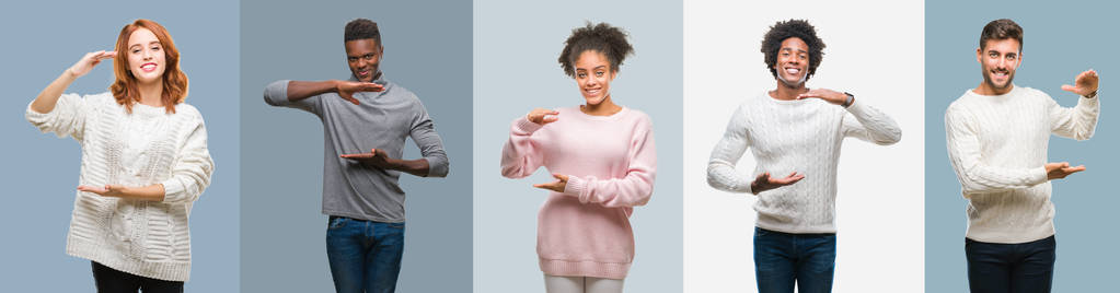拼贴的非裔美国人和西班牙裔的人穿着冬天的毛衣，在老式的背景上，用手做手势，显示大尺寸的标志符号。 微笑着看着相机。 测量概念。
