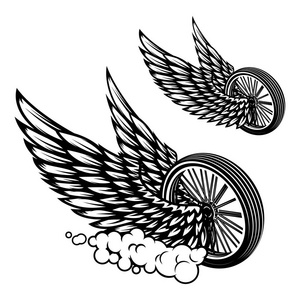 车轮与翅膀插图隔离在白色背景。 海报卡横幅标志标志T恤设计元素。 矢量插图