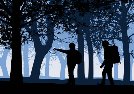 一片森林，落叶树和两树和两个游客在散步，男人和女人背着背包在蓝天矢量下。