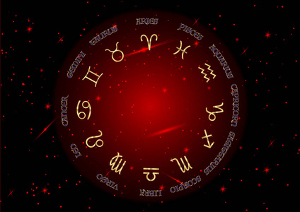 设置生肖图标，金星星座，金象星座..星座星座。占星术符号集。红色夜空和星星，蓝色夜空背景，矢量插图