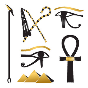 古埃及的一组轮廓克鲁克和枷，是霍勒斯和金字塔的眼睛