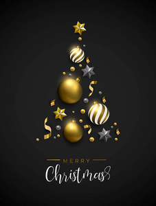 圣诞贺卡。 金色圣诞饰品，星星和纸屑，使松树在黑色背景上形成形状。 豪华假日布局的邀请或季节问候。