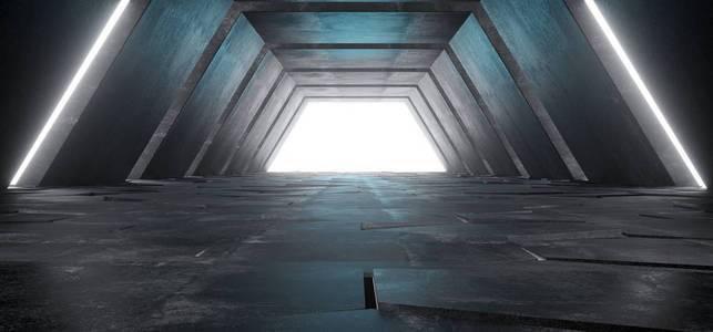 外星科幻现代未来主义极简空黑暗混凝土走廊隧道与白光空空间文本科幻背景三维渲染插图。
