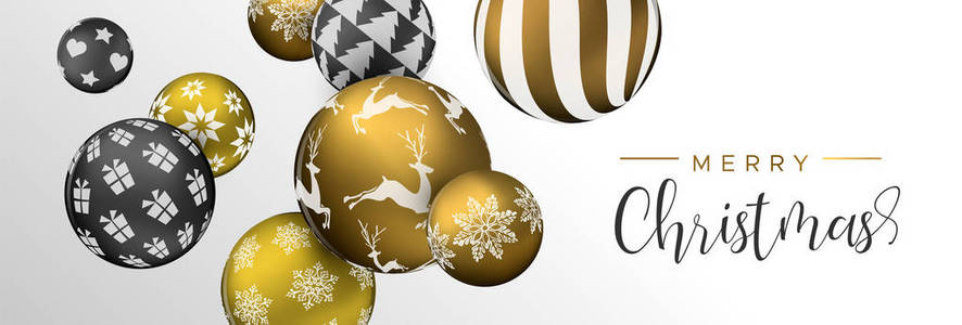圣诞快乐网横幅，金色和黑色圣诞彩饰。 豪华假日舞会背景邀请或季节问候。