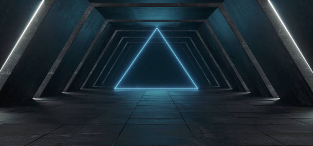 科幻宇宙飞船现代未来派暗空格混凝土走廊隧道，白色灯光和圆形霓虹灯球蓝色背景三维渲染插图