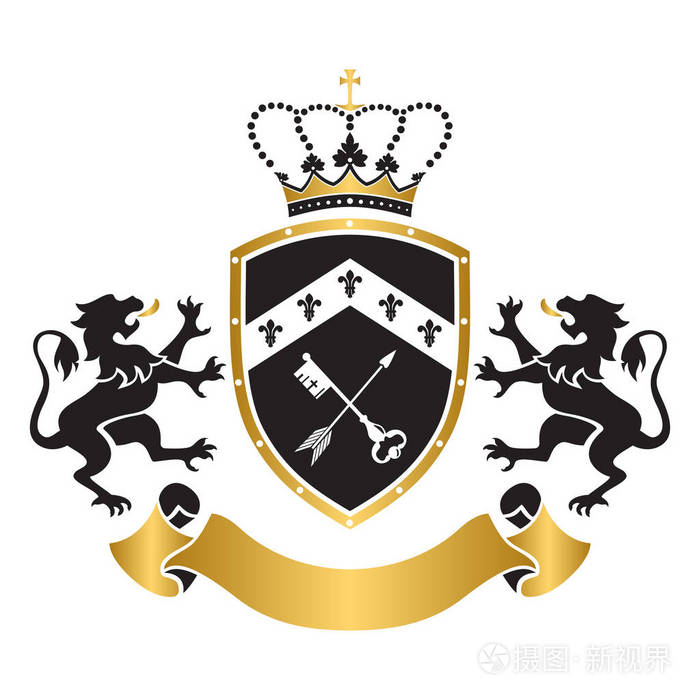 手臂盾牌外套,皇冠钥匙和箭头两个站立狮子在两侧.