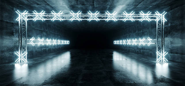 现代未来感长隧道走廊格栅反射混凝土和LED霓虹灯白色蓝色舞台建设在暗空背景3渲染插图。