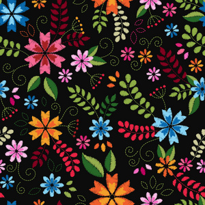 黑色背景上的矢量花卉装饰品。 印花纺织品服装设计模板