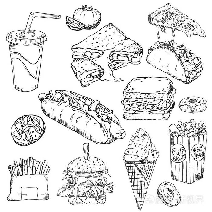 快餐背景 小吃收藏 垃圾食品 矢量插图壁纸背景插画 正版商用图片158gtr 摄图新视界
