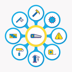 9个建筑图标的向量例证着色的线。可编辑的一组警告锤子油漆辊和其他图标元素