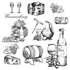 矢量壁纸背景与手绘酒瓶，桶，酒杯，葡萄和奶酪。 彩色插图