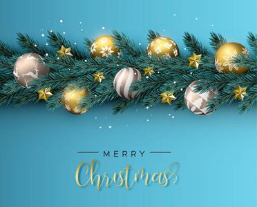 圣诞快乐新年快乐蓝卡。 现实的松树花环与金色圣诞装饰球豪华假日邀请或季节问候。