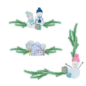 冬季装饰与雪人和房子画彩色水彩画铅笔