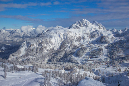 奥地利阿尔卑斯山纳斯费尔滑雪胜地的景色
