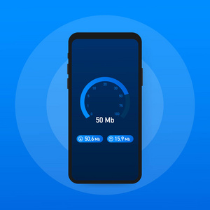 智能手机上的速度测试。速度计互联网速度 100 mb。网站速度加载时间。向量例证