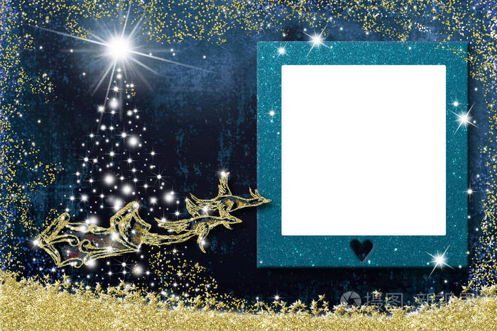 圣诞老人,雪橇,鹅和星星,圣诞树和一个空的相框,在蓝纸背景上放照片