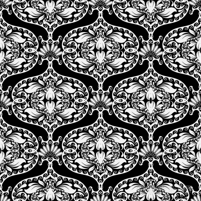 黑白东方风格花卉佩斯利矢量无缝图案.戴面具的观赏复古背景.