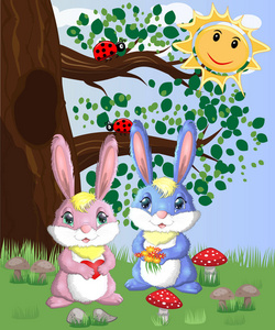 两只可爱的兔子在森林的空地上。矢量图