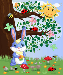 一只蓝色的小兔子，在林间空地上放着一束花。