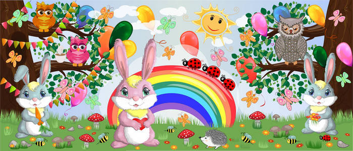 一家三只兔子在彩虹附近的草地上。