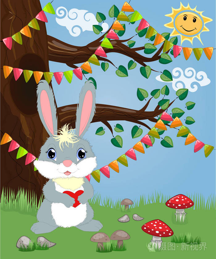 一只心在森林里的兔子春天爱情明信片