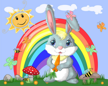 在彩虹附近的草地上拿着胡萝卜的兔子。
