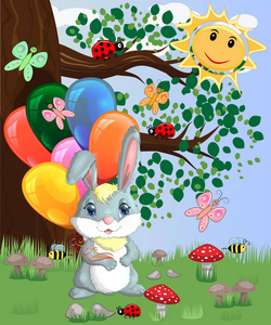 可爱的卡通小兔子，在林间空地上举着一手气球