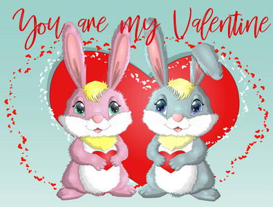 s day. Love card. A pair of cute bunnies girl and boy, pink and 