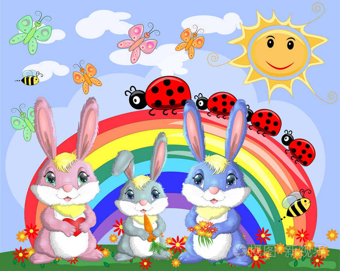 一家三只兔子在彩虹附近的草地上