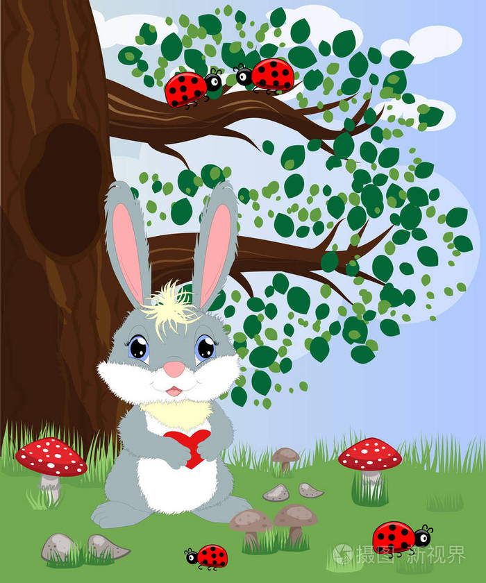 一只心在森林里的兔子。春天，爱情，明信片