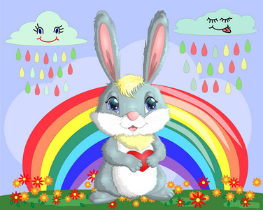 在彩虹附近的草地上抱着一颗心的兔子