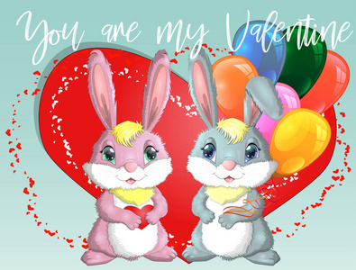 s day. Love card. A pair of cute bunnies girl and boy, pink and 