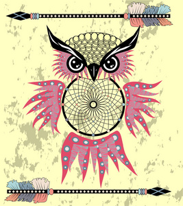 印度装饰梦想猫头鹰的图形风格。矢量图