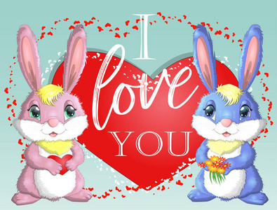 s day. Love card. A pair of cute bunnies girl and boy, pink and 