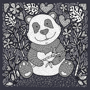 熊猫熊插图向量与竹子。手绘卡通卡